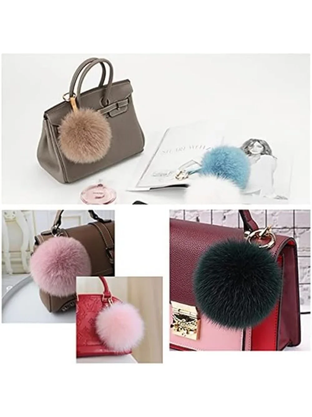 Fluffy Real Fox Fur Pompom Keychain - Large Furry Bag Charm Accessory